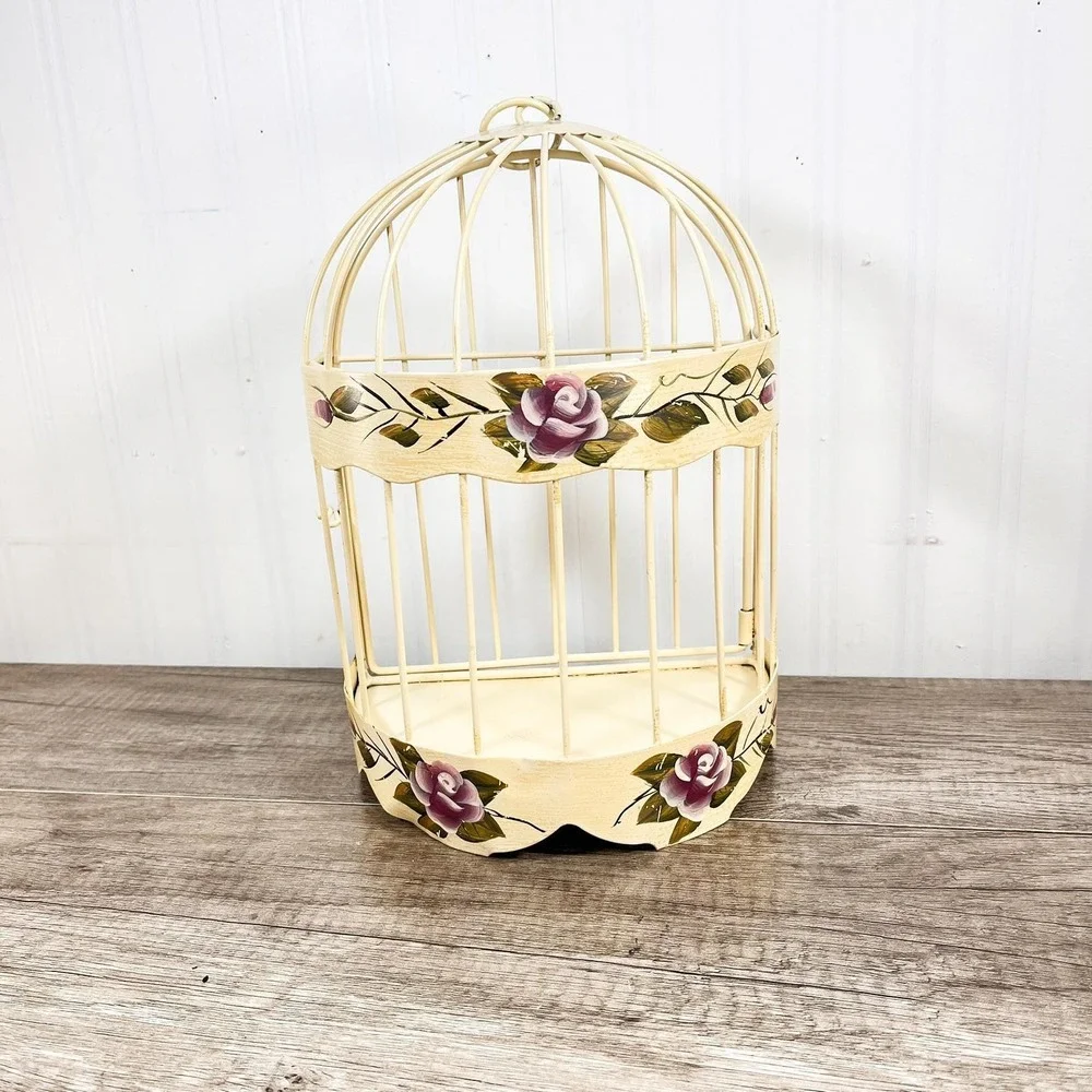 Vintage Hanging Birdcage with Purple Flowers, Cream Wall Decor